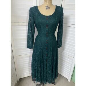 Vintage 90s Joni Blair Whimsigoth Green Maxi Lace Dress Over Slip Tie Back Med